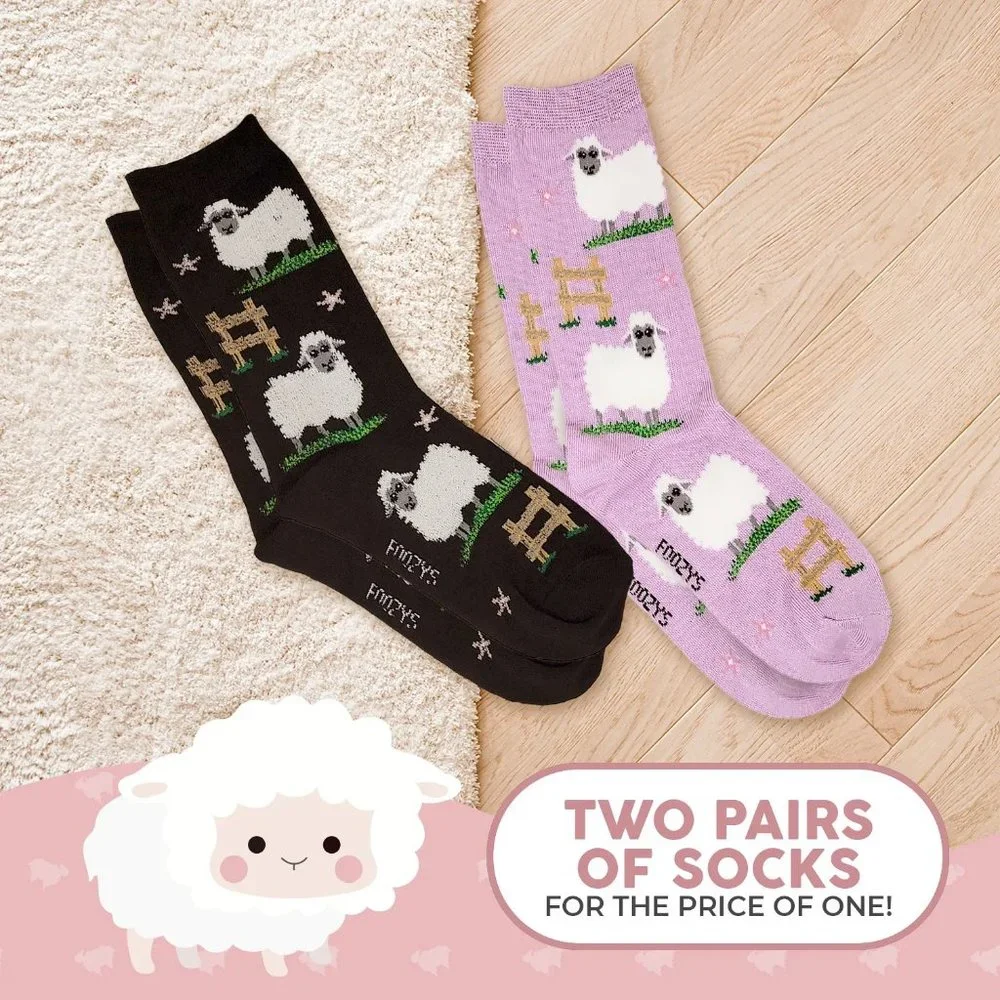 Sheep Furry Livestock Count Sleep Shear Animal 2 Pairs Foozys Women's Socks